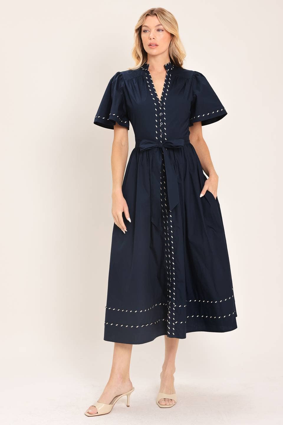 Navy Midi Dress with Contrasting Binding