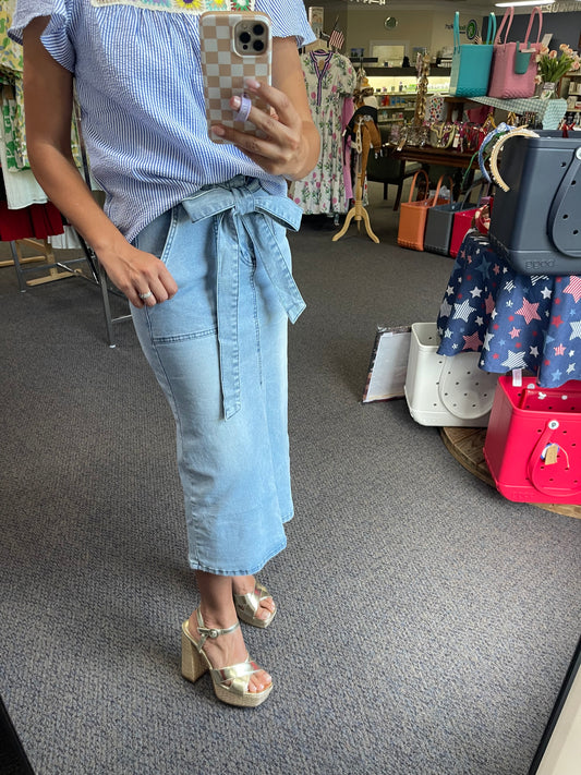 Light Blue Denim Midi Skirt with Jean Sash Belt