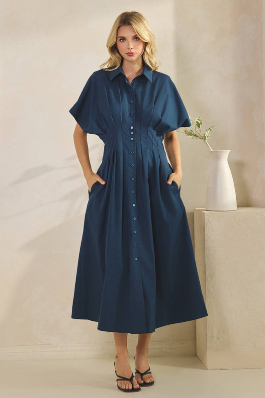 BUTTON DOWN SHIRT MAXI DRESS-NAVY