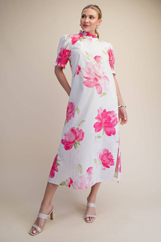 Pink Floral Ruffle Neck Puff Sleeve with Smocking Midi Dress