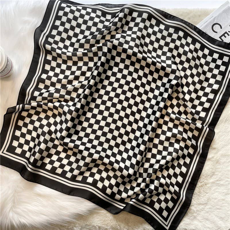 LARGE CHECKER PRINT SILKY FEEL BANDANA SCARF Black