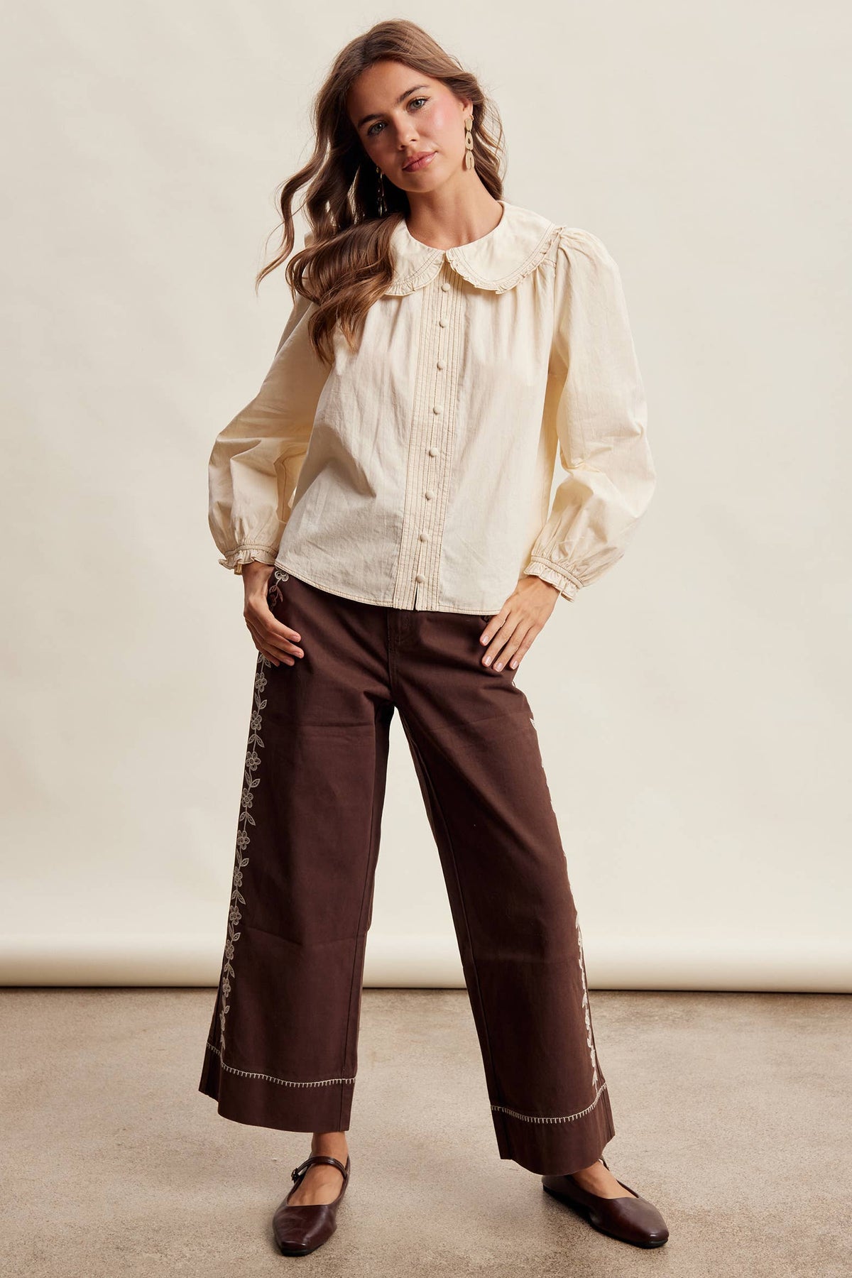 Contrast Stitch Ruffle Collar Cotton Blouse: Cream