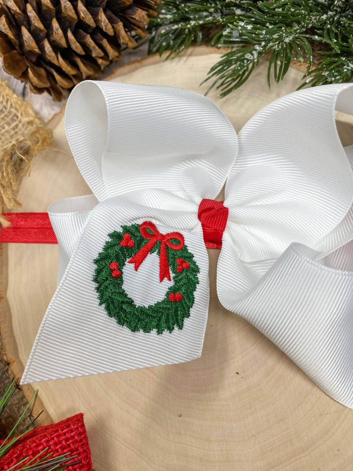 The Hair Bow Company - Wreath Embroidered Hair Bow | Christmas Hair Bow | Clip or Headband: Hair Bow on Clip