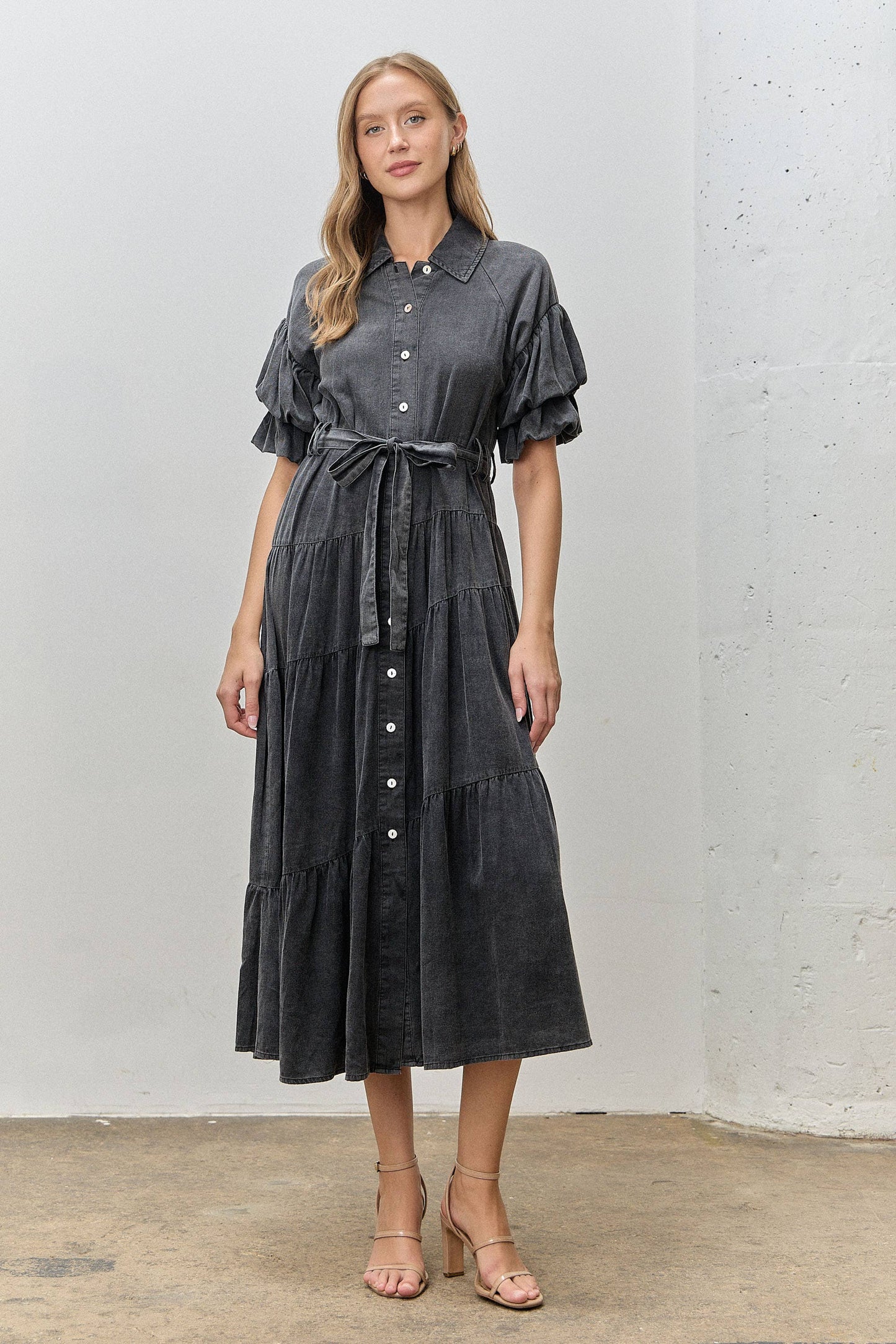 WASHED MAXI SHIRT DRESS: BLACK