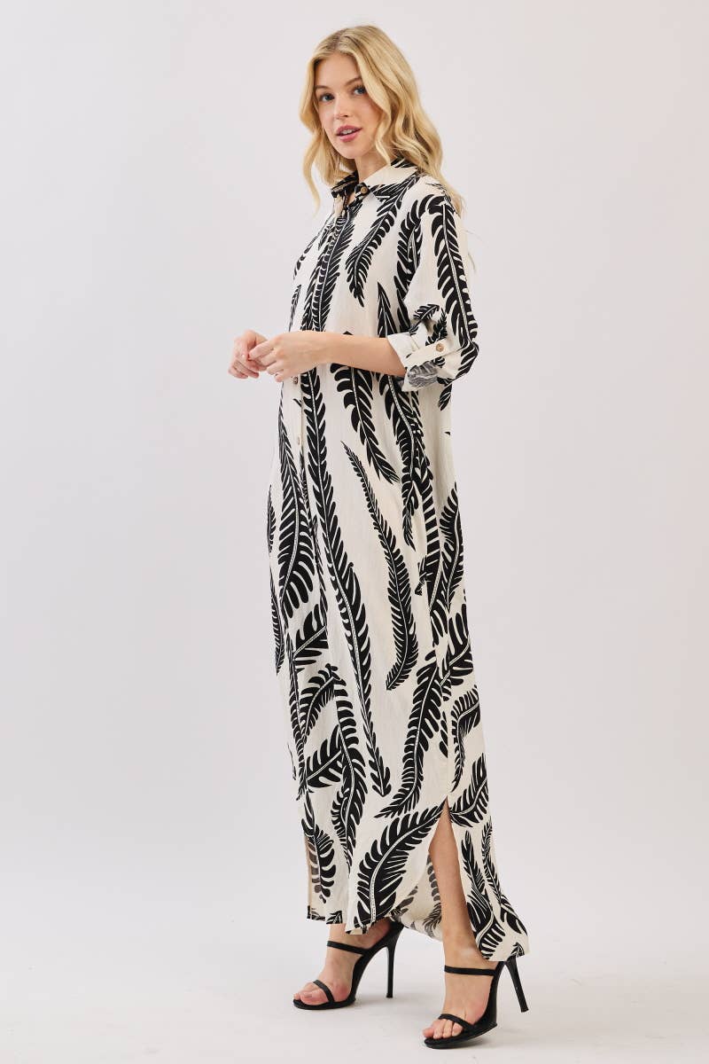 Palm Print Button-Down Maxi Dress