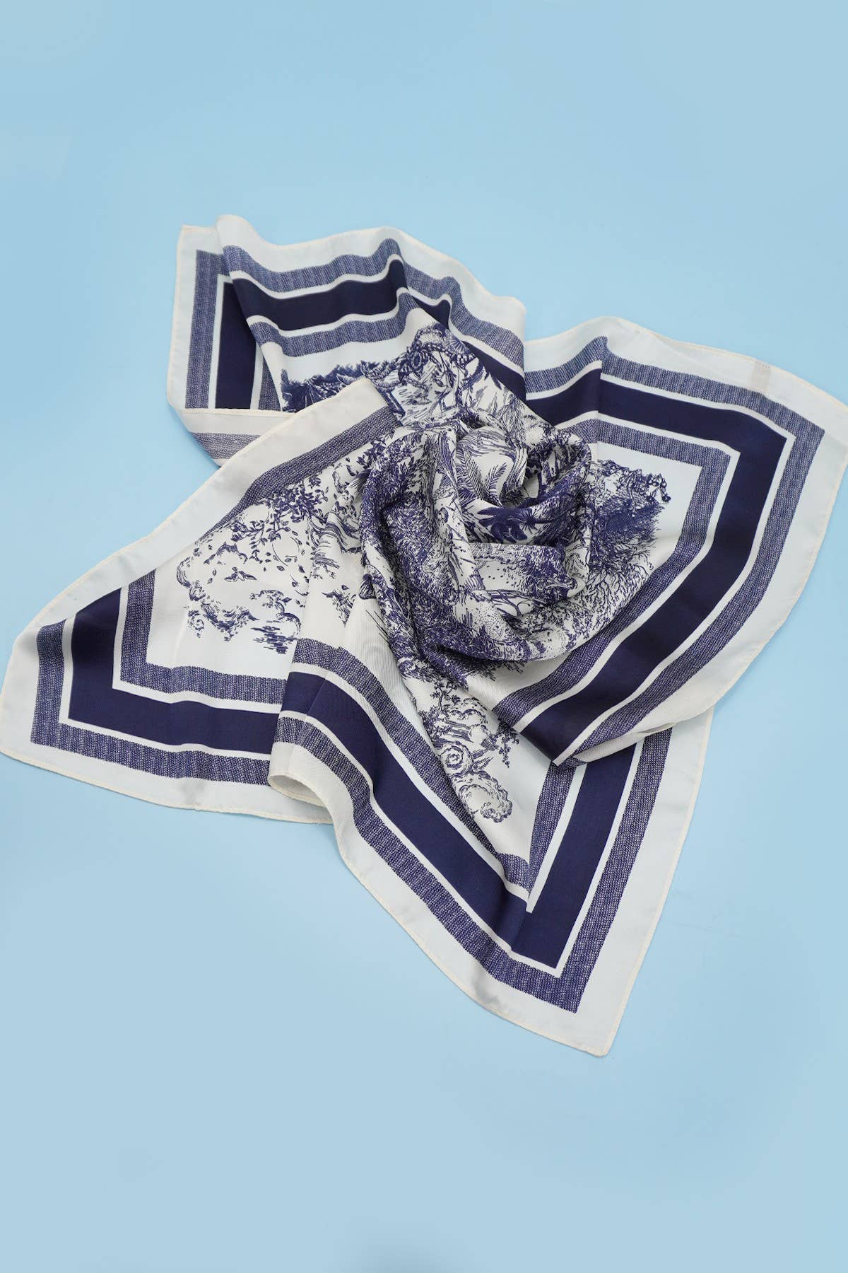 LARGE FLORAL TOILE PRINT BANDANA SCARF NAVY