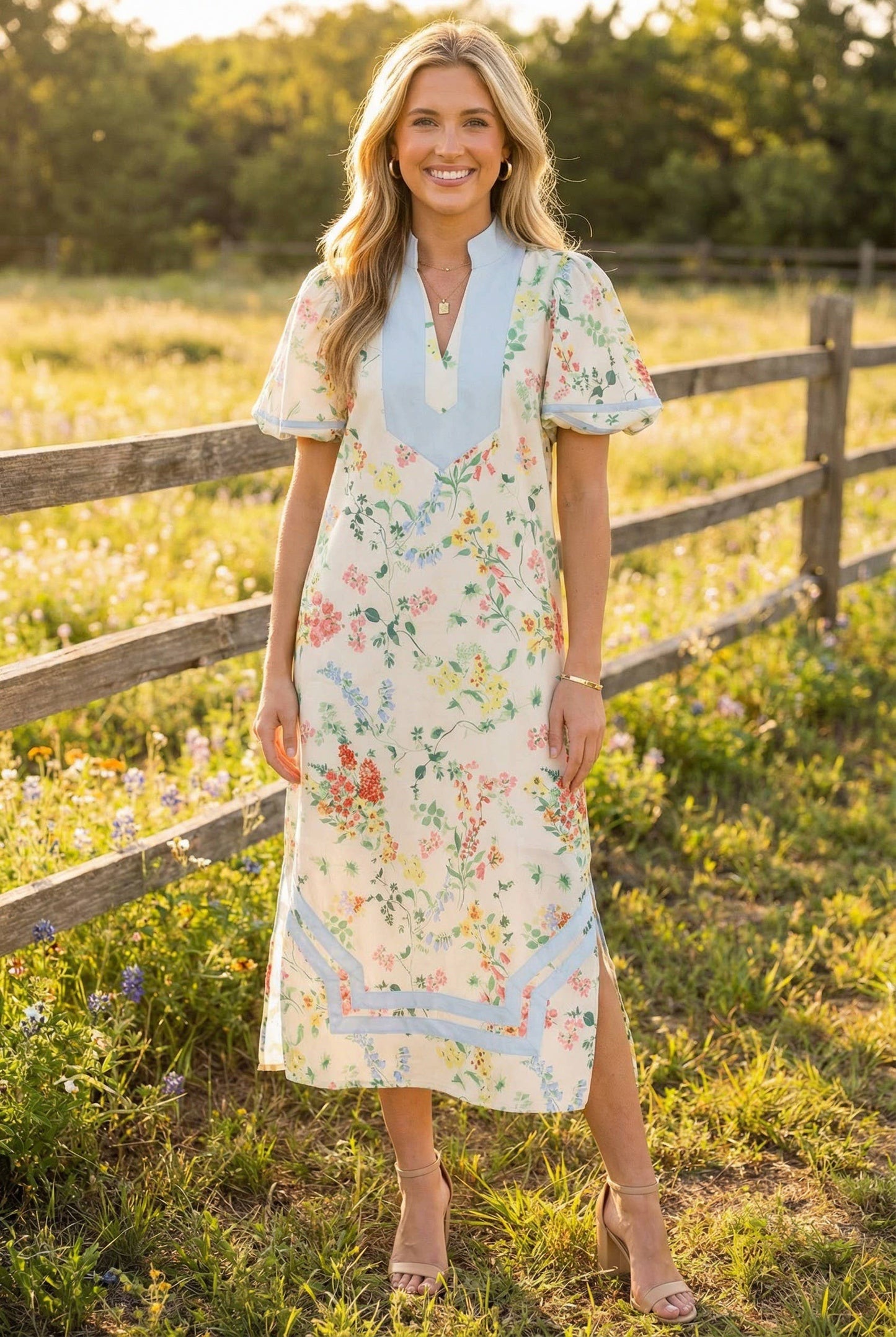Floral Dress with Soft Blue Contrast Piping