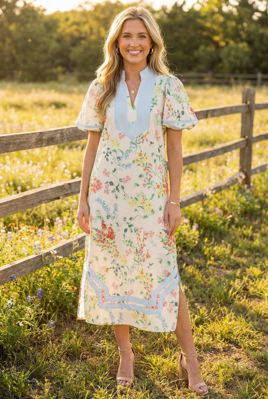Floral Dress with Soft Blue Contrast Piping