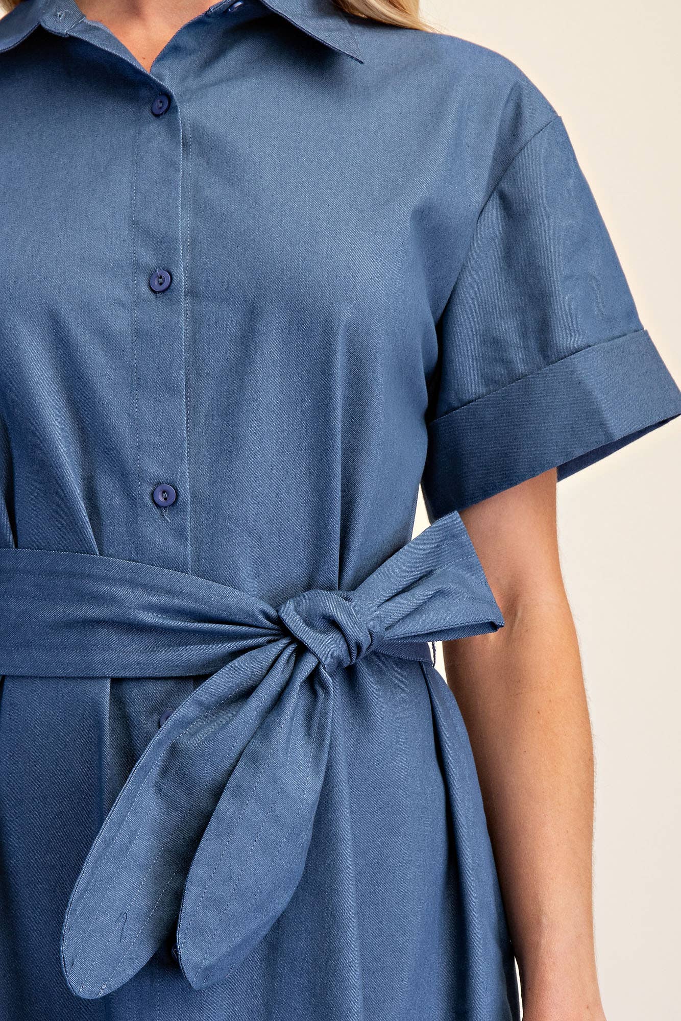 Collar Neck Button Down Shirt Waist Tie Midi Dress: Indigo