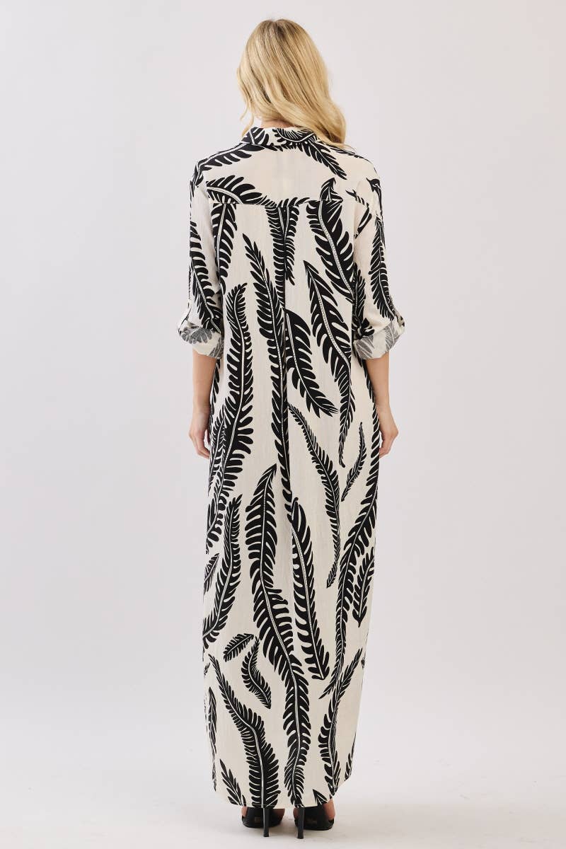 Palm Print Button-Down Maxi Dress