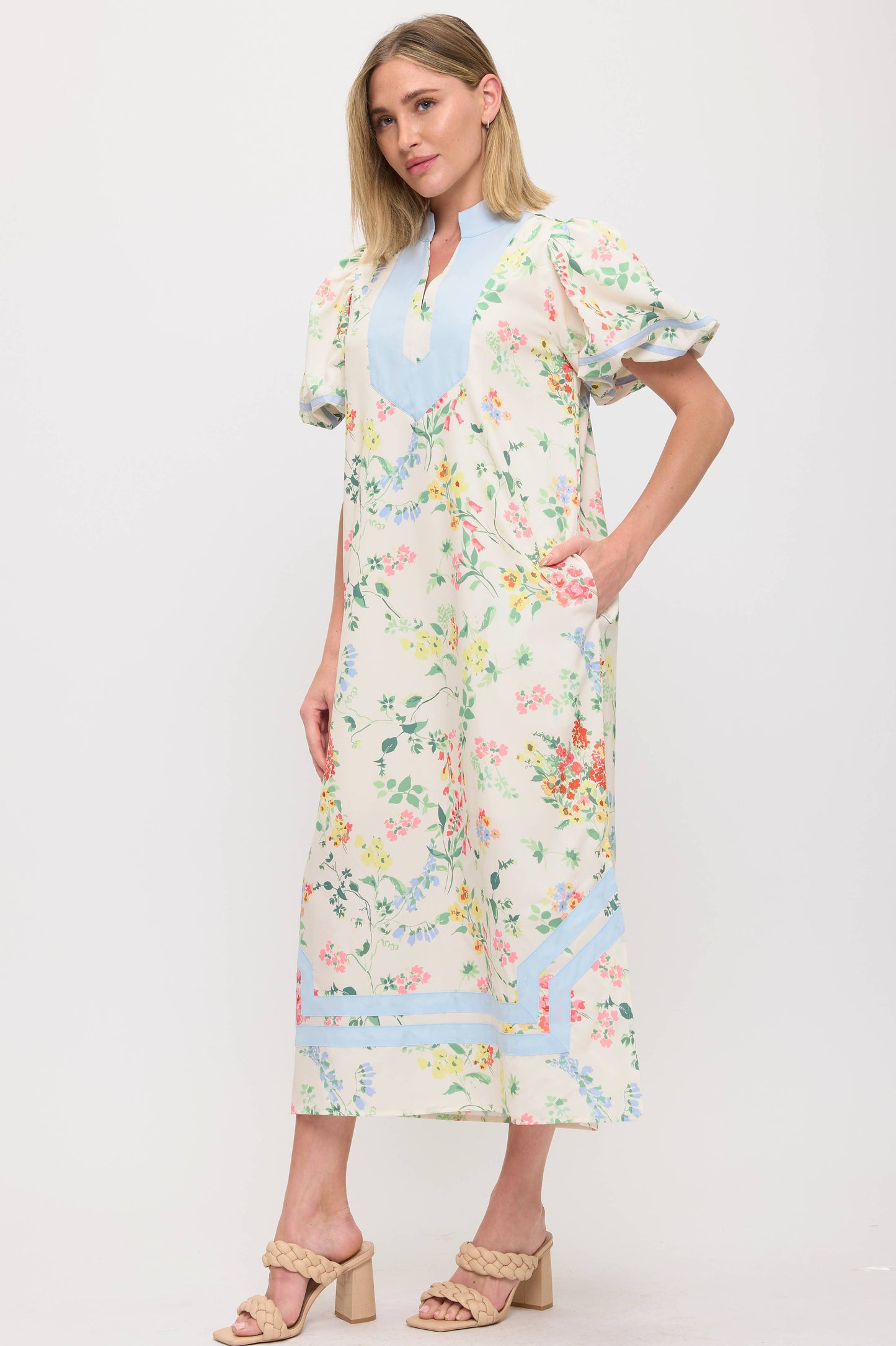 Floral Dress with Soft Blue Contrast Piping