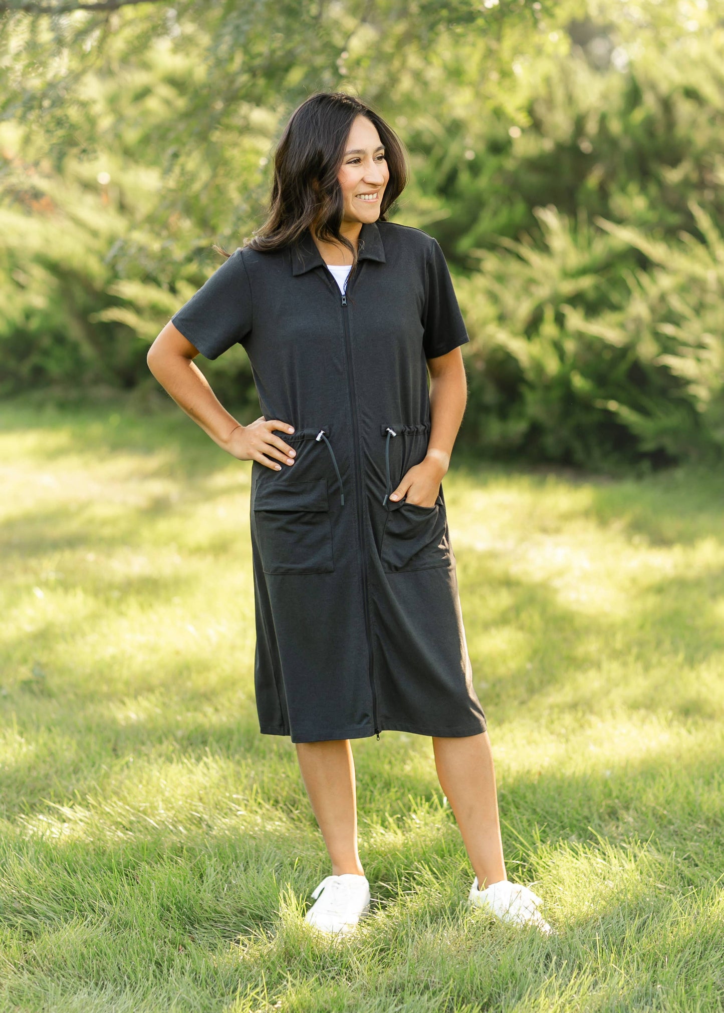 Inherit Clothing Company - Scout Zip Front Athletic Midi Dress: Black Heather / L