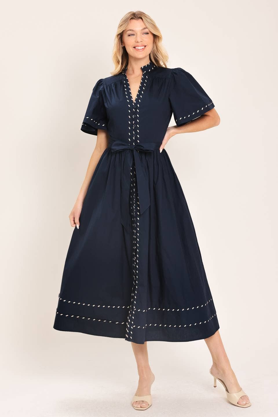 Navy Midi Dress with Contrasting Binding