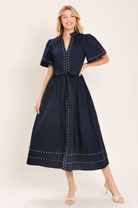 Navy Midi Dress with Contrasting Binding
