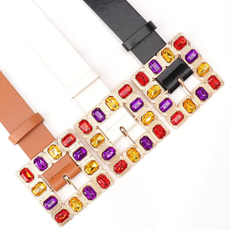 Lily Clothing - Diamond gemstone alloy buckle wide belt: WHITE / (OS) 1