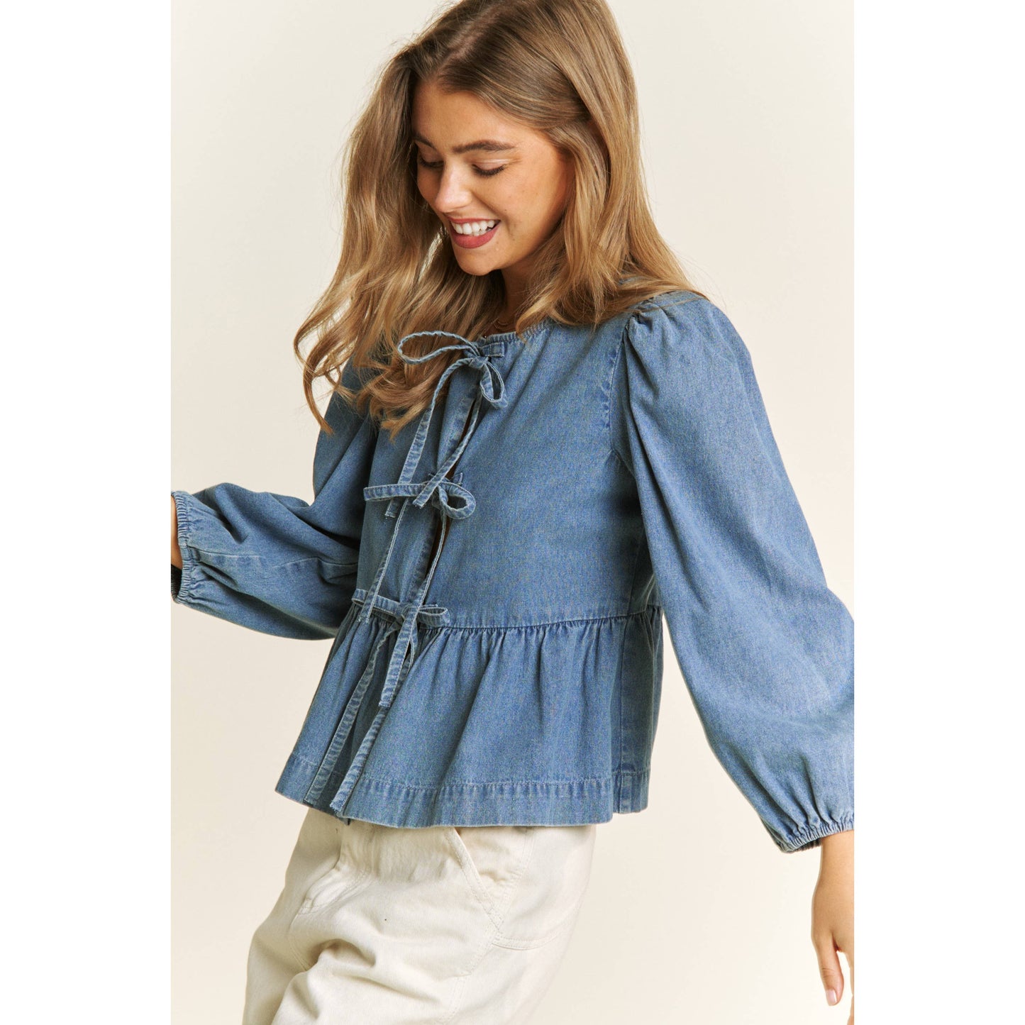 DENIM WASH OPEN FRONT LONG SLEEVE BABYDOLL TOP BLOUSE