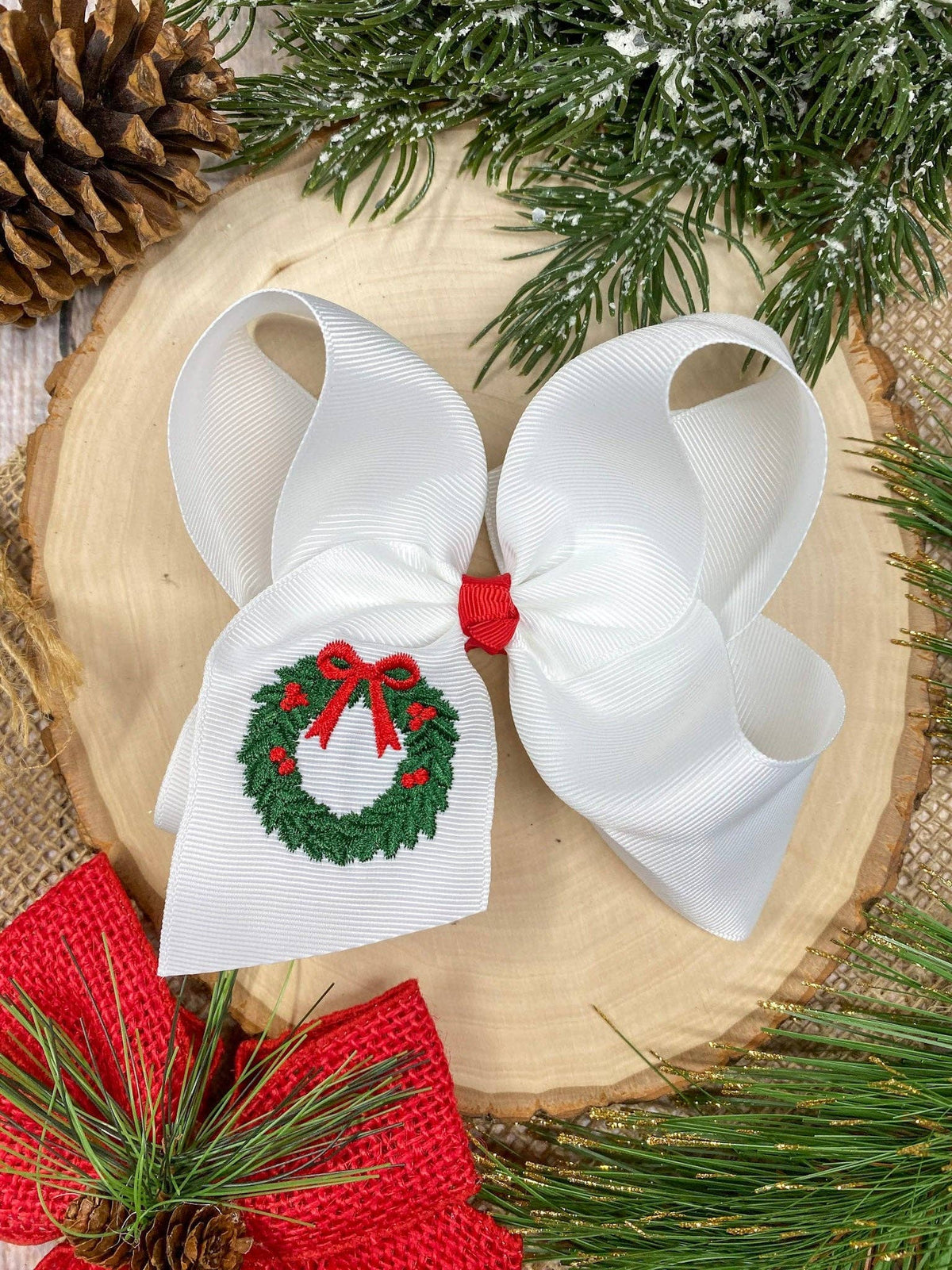 The Hair Bow Company - Wreath Embroidered Hair Bow | Christmas Hair Bow | Clip or Headband: Hair Bow on Clip