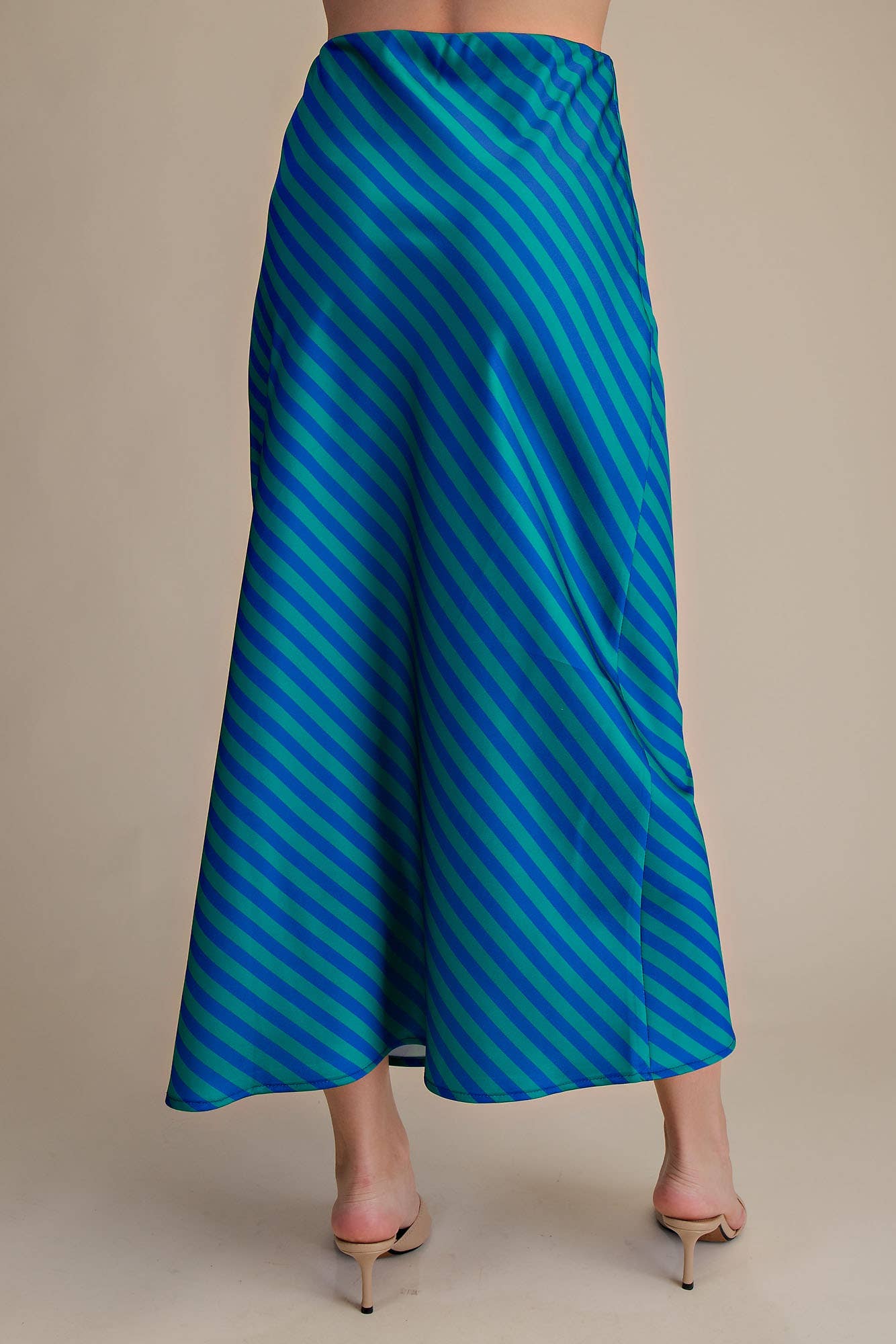 Waist Elastic Band Midi Skirt: Green/Blue