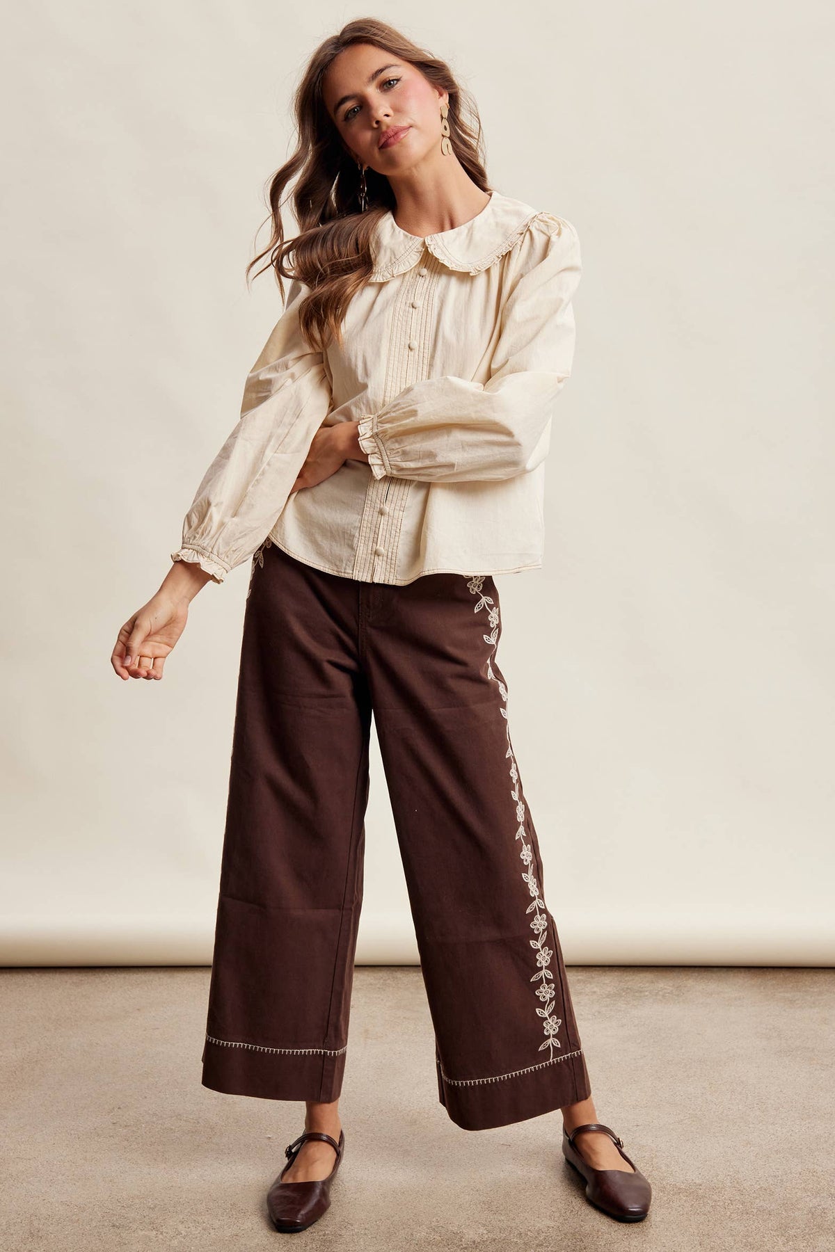Contrast Stitch Ruffle Collar Cotton Blouse: Cream