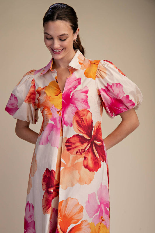 Bold Floral Dress in Coral