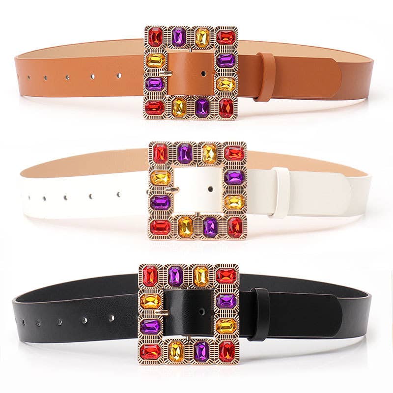 Lily Clothing - Diamond gemstone alloy buckle wide belt: CAMEL / (OS) 1