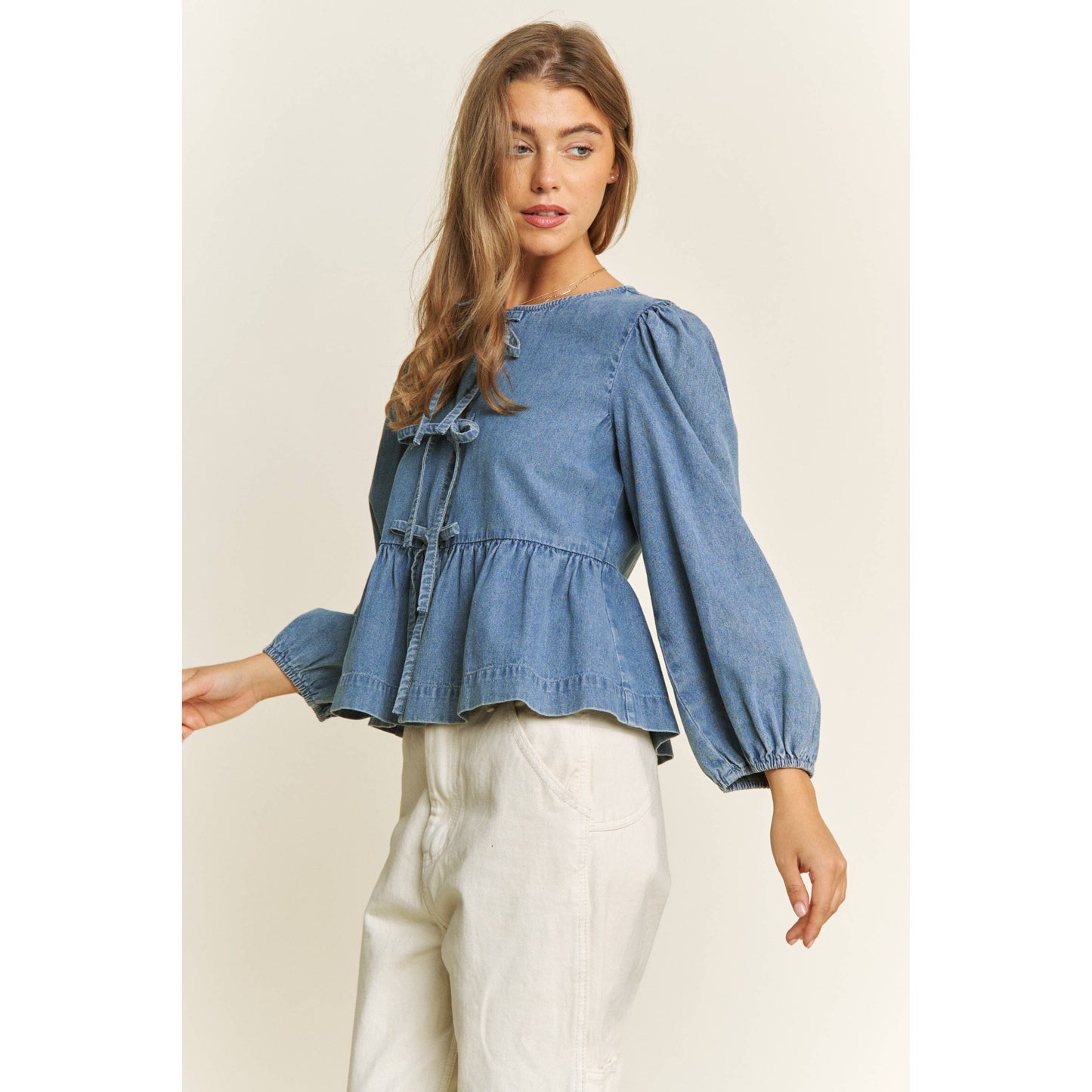 DENIM WASH OPEN FRONT LONG SLEEVE BABYDOLL TOP BLOUSE