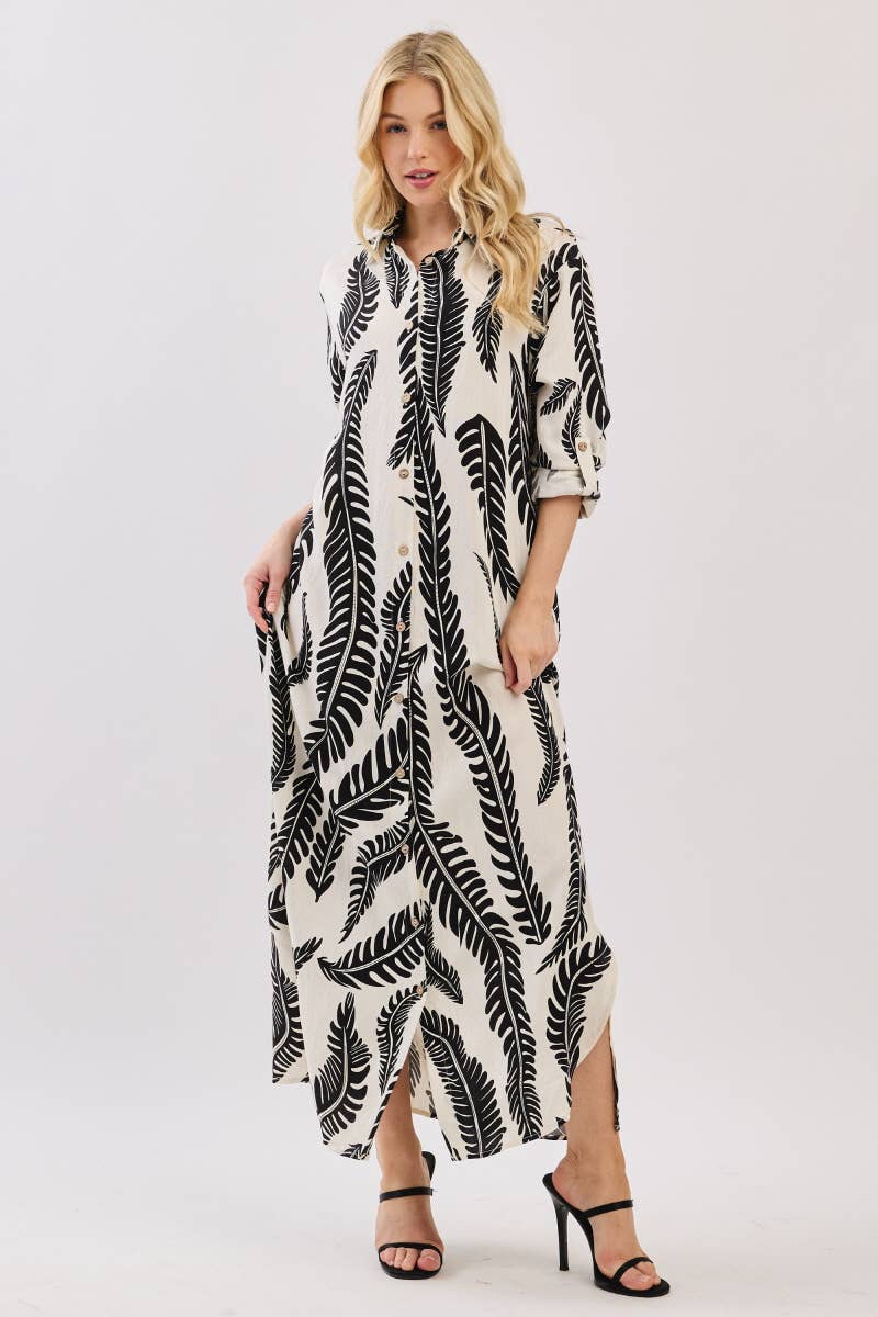 Palm Print Button-Down Maxi Dress