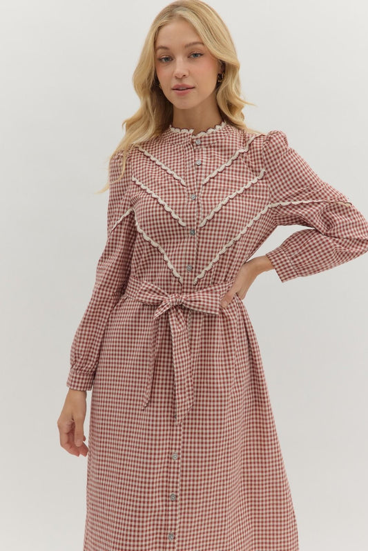 Gingham Long-Sleeve Midi Dress in Burgundy