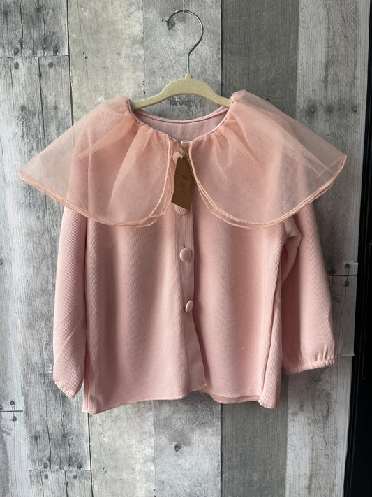 Girls Pink Caridgan w/ oversized Organza collar