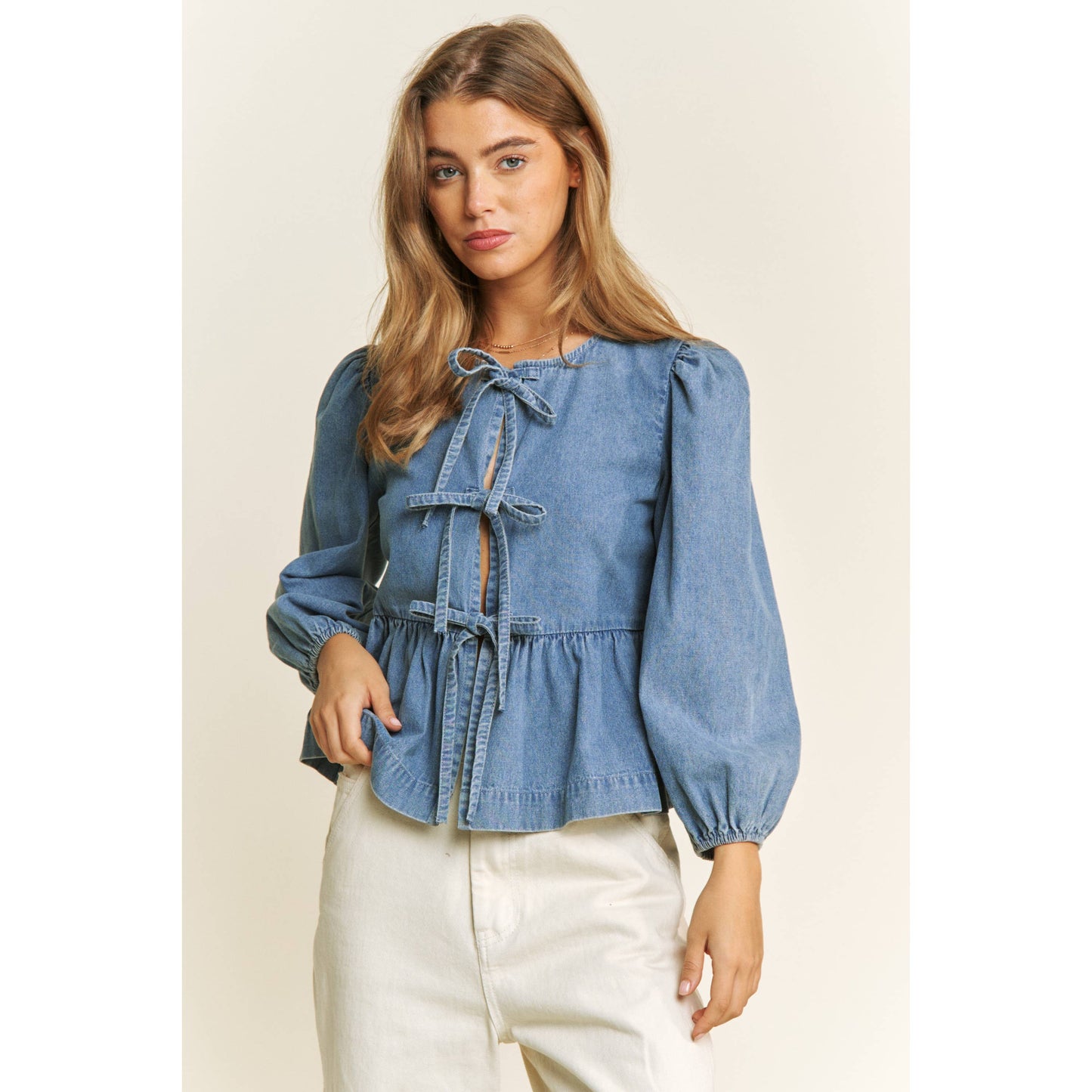 DENIM WASH OPEN FRONT LONG SLEEVE BABYDOLL TOP BLOUSE
