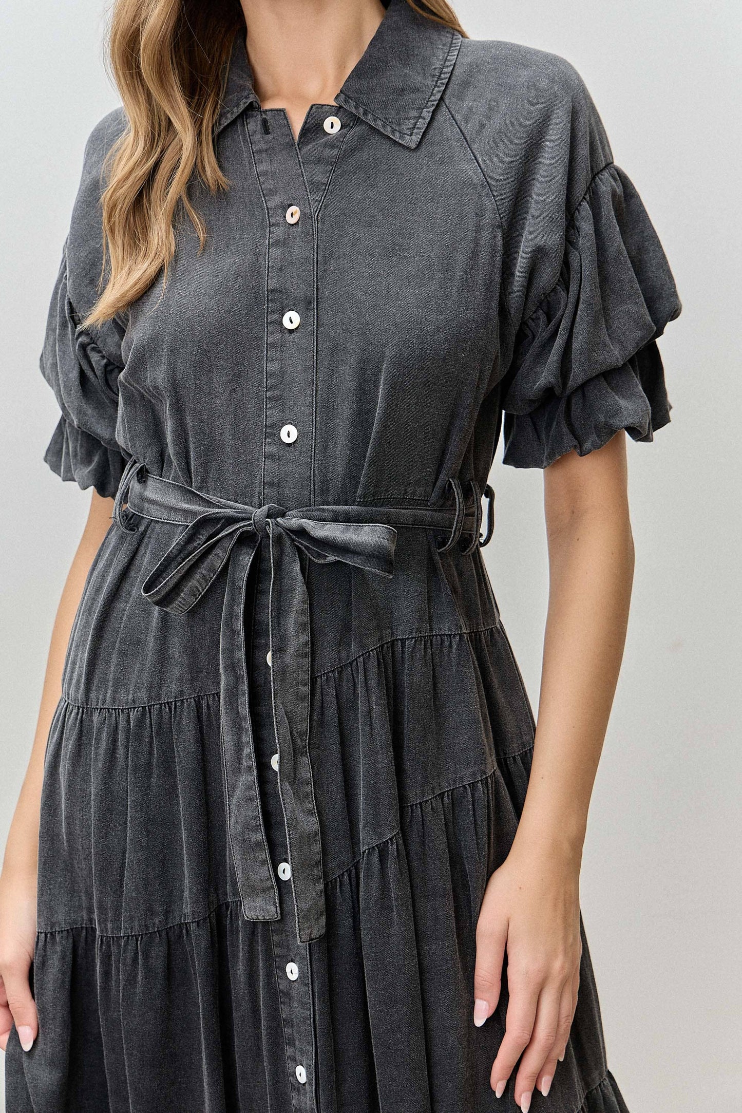 WASHED MAXI SHIRT DRESS: BLACK