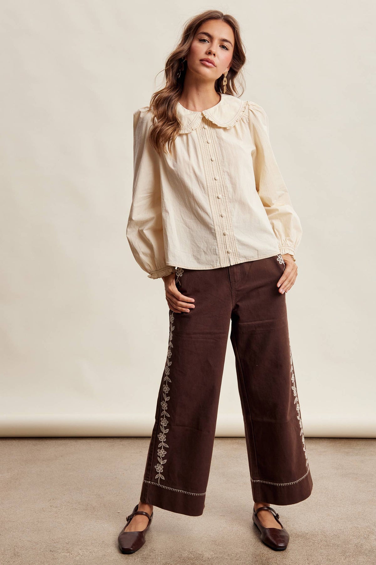 Contrast Stitch Ruffle Collar Cotton Blouse: Cream