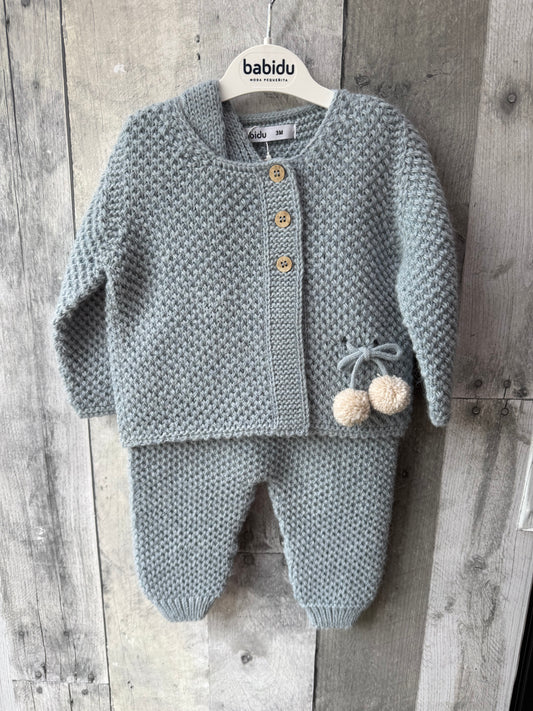 Babidu Baby Boy Knit Blue Set // Pom sweater & knit overalls
