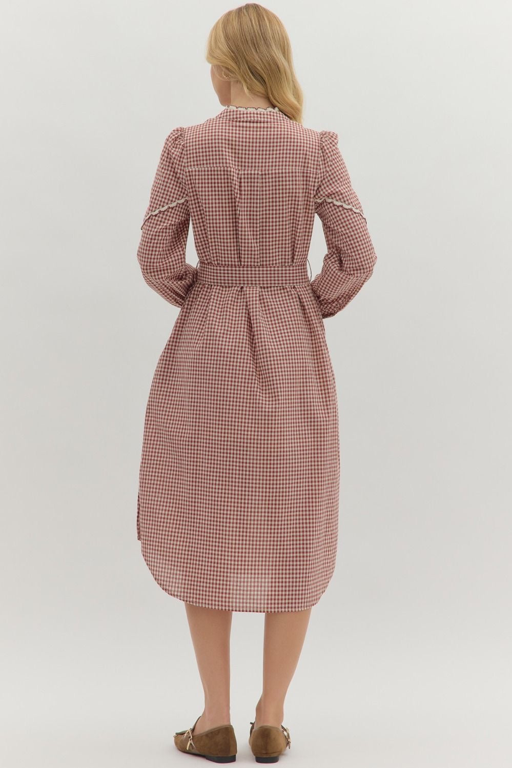 Gingham Long-Sleeve Midi Dress in Burgundy