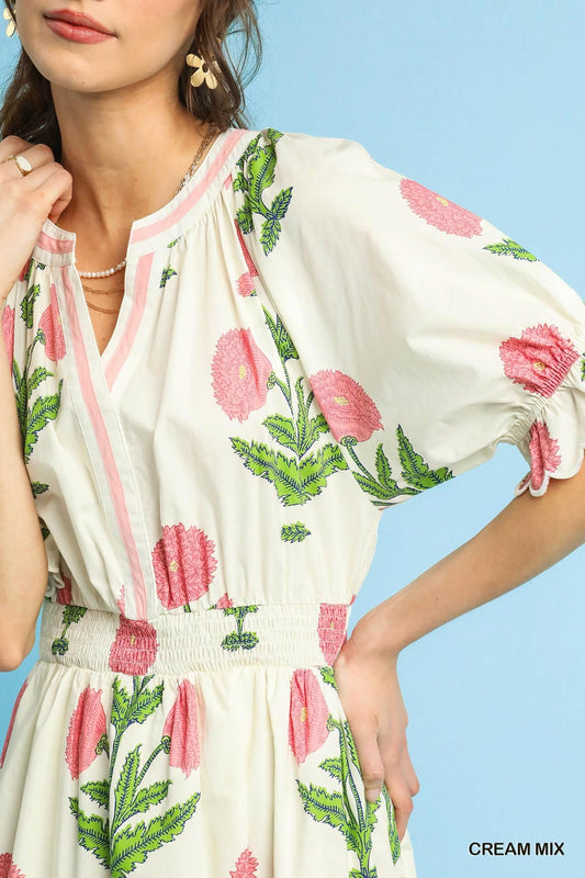 Floral Smocked Midi Dress in Creams and Pinks