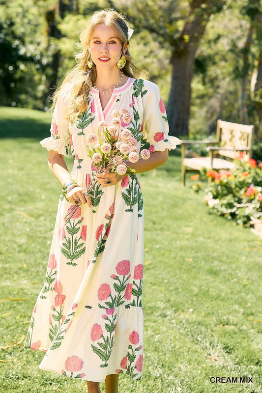 Floral Smocked Midi Dress in Creams and Pinks