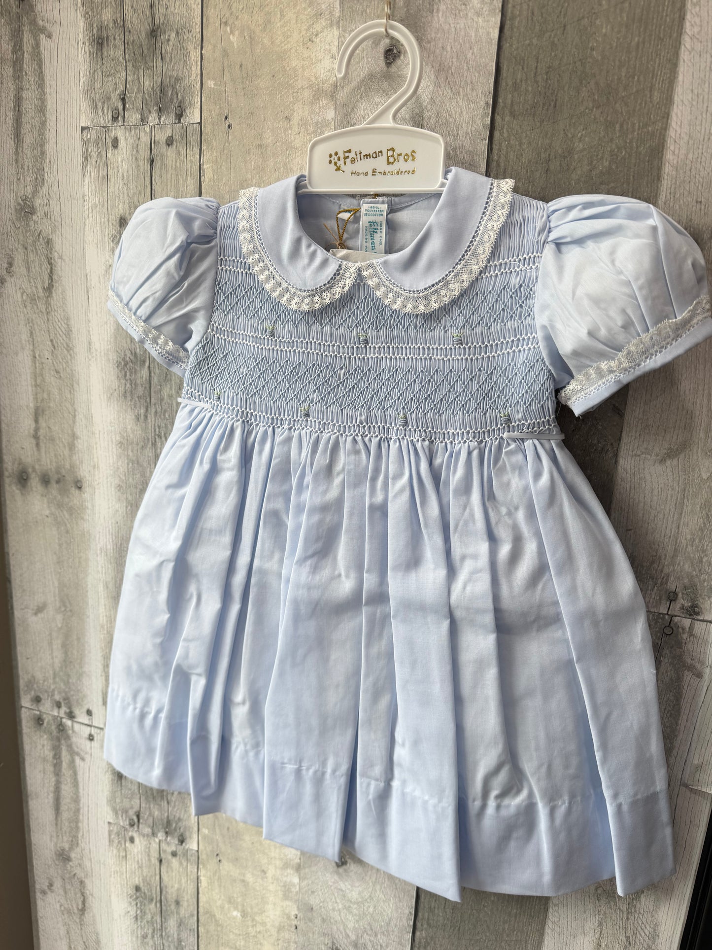 Feltman Brothers Blue smocked dress w/ lace detail