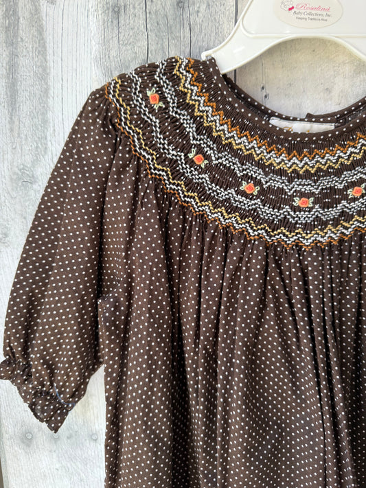 Toddler Girls Bishop Smocked Micro-Polka Dot Long sleeve dress // Brown & Orange Embroidered Detail