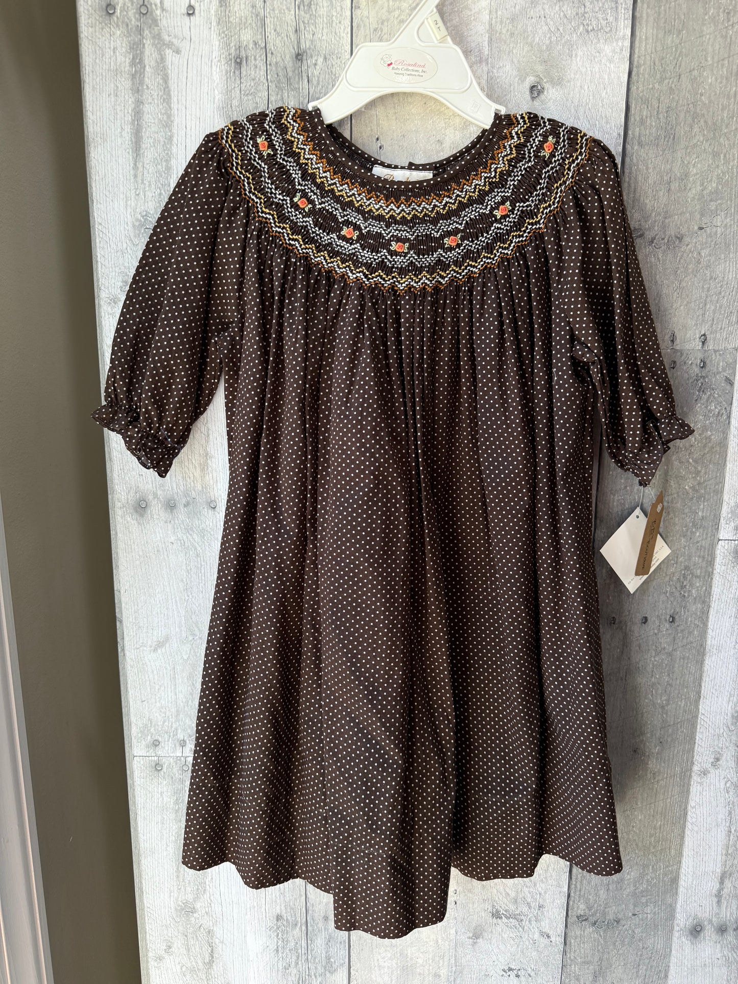 Toddler Girls Bishop Smocked Micro-Polka Dot Long sleeve dress // Brown & Orange Embroidered Detail