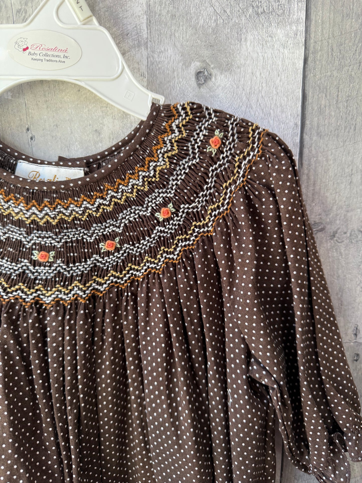 Toddler Girls Bishop Smocked Micro-Polka Dot Long sleeve dress // Brown & Orange Embroidered Detail