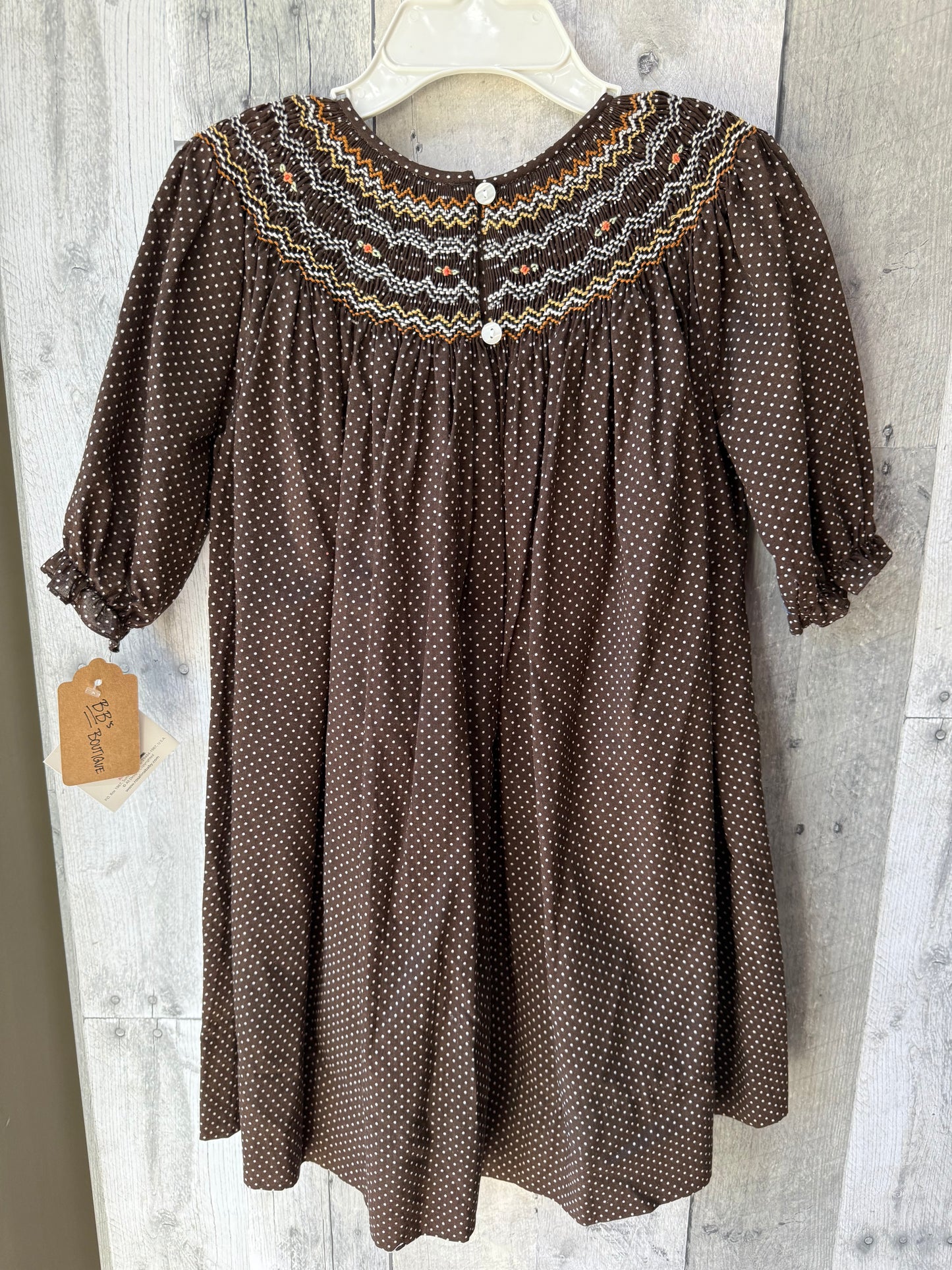 Toddler Girls Bishop Smocked Micro-Polka Dot Long sleeve dress // Brown & Orange Embroidered Detail