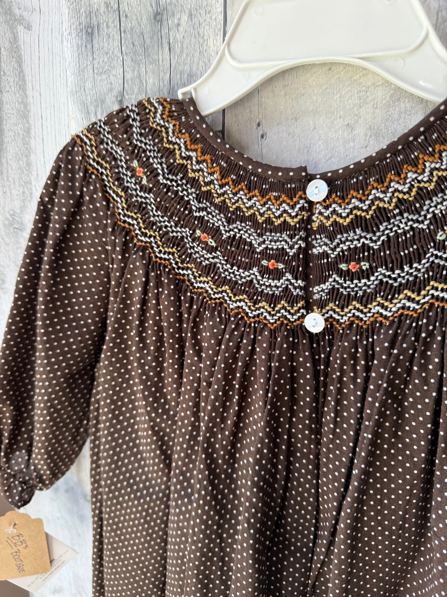 Toddler Girls Bishop Smocked Micro-Polka Dot Long sleeve dress // Brown & Orange Embroidered Detail