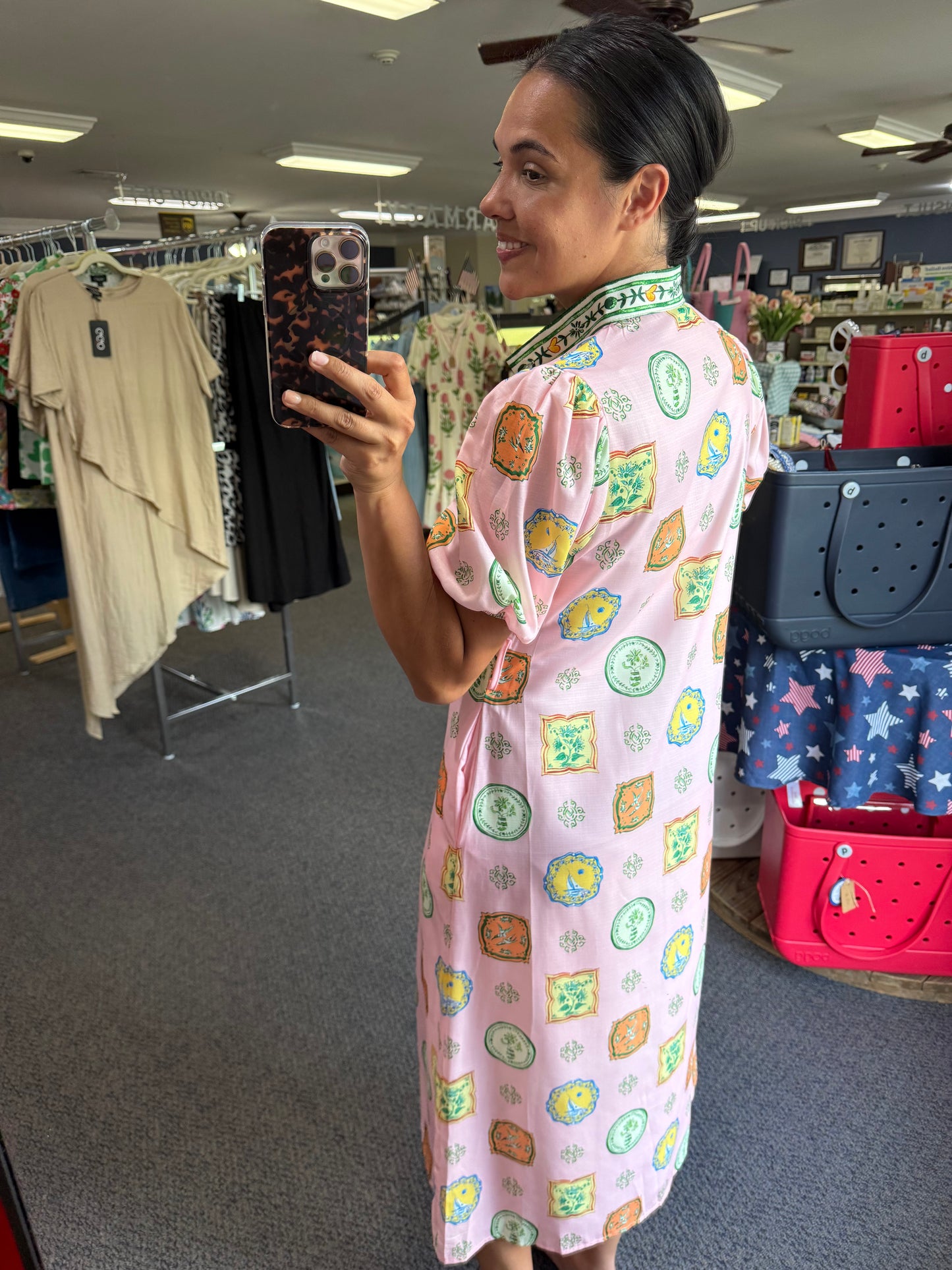 Stamped Style Midi Dress with Contrasting Fabric Details