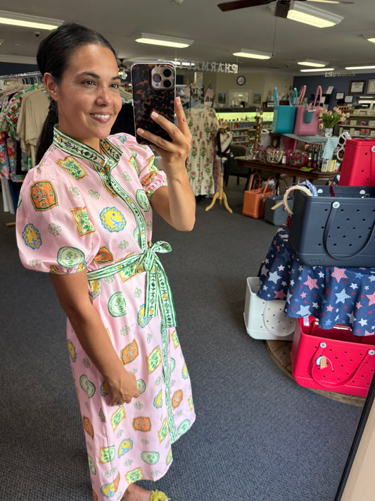 Stamped Style Midi Dress with Contrasting Fabric Details
