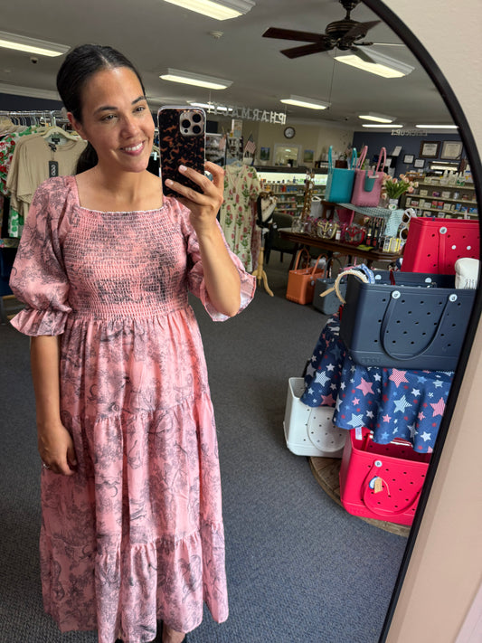 Rose/Pink Toile Midi Dress