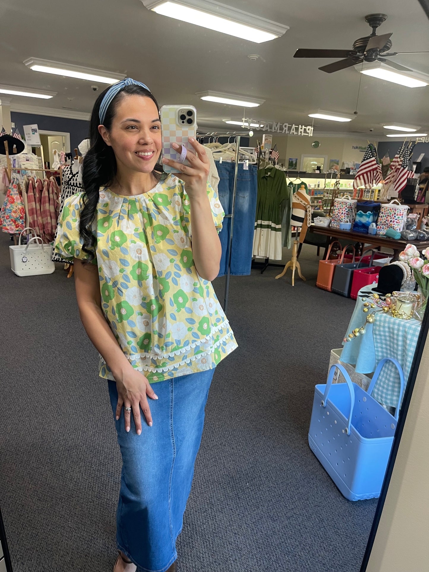 Pleated Round Neck Floral Blouse in Yellow