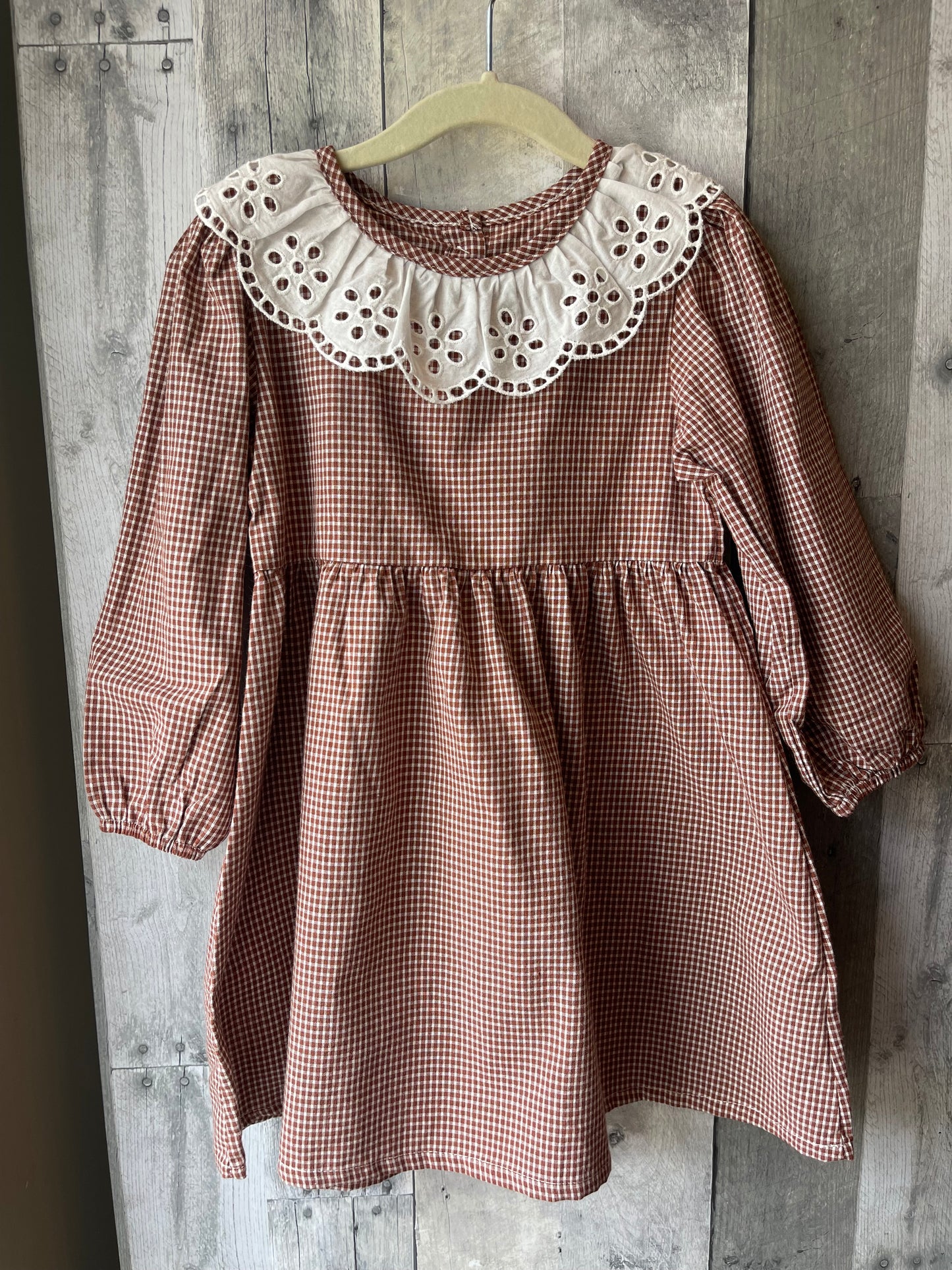 Little Girls Gingham Ivory Eyelet Collar Dress