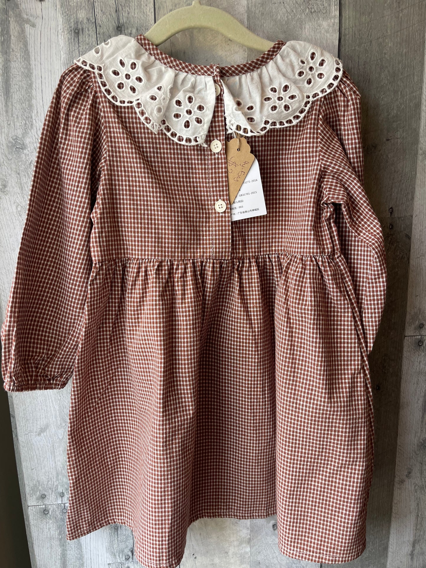 Little Girls Gingham Ivory Eyelet Collar Dress