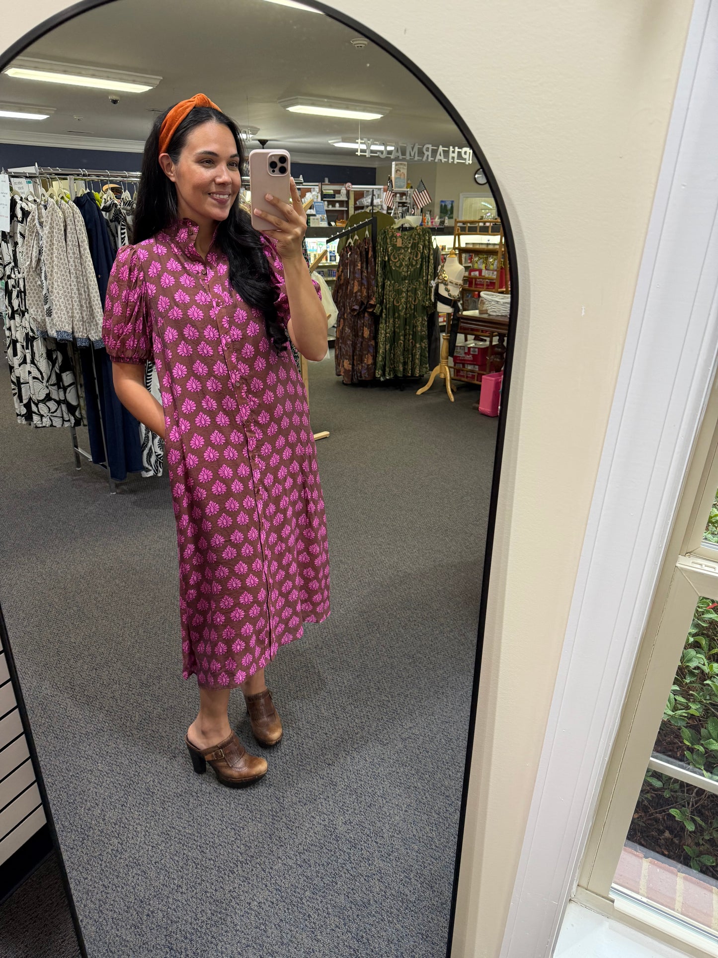 Brown Mix Midi Dress with Purplish-Pink Designs