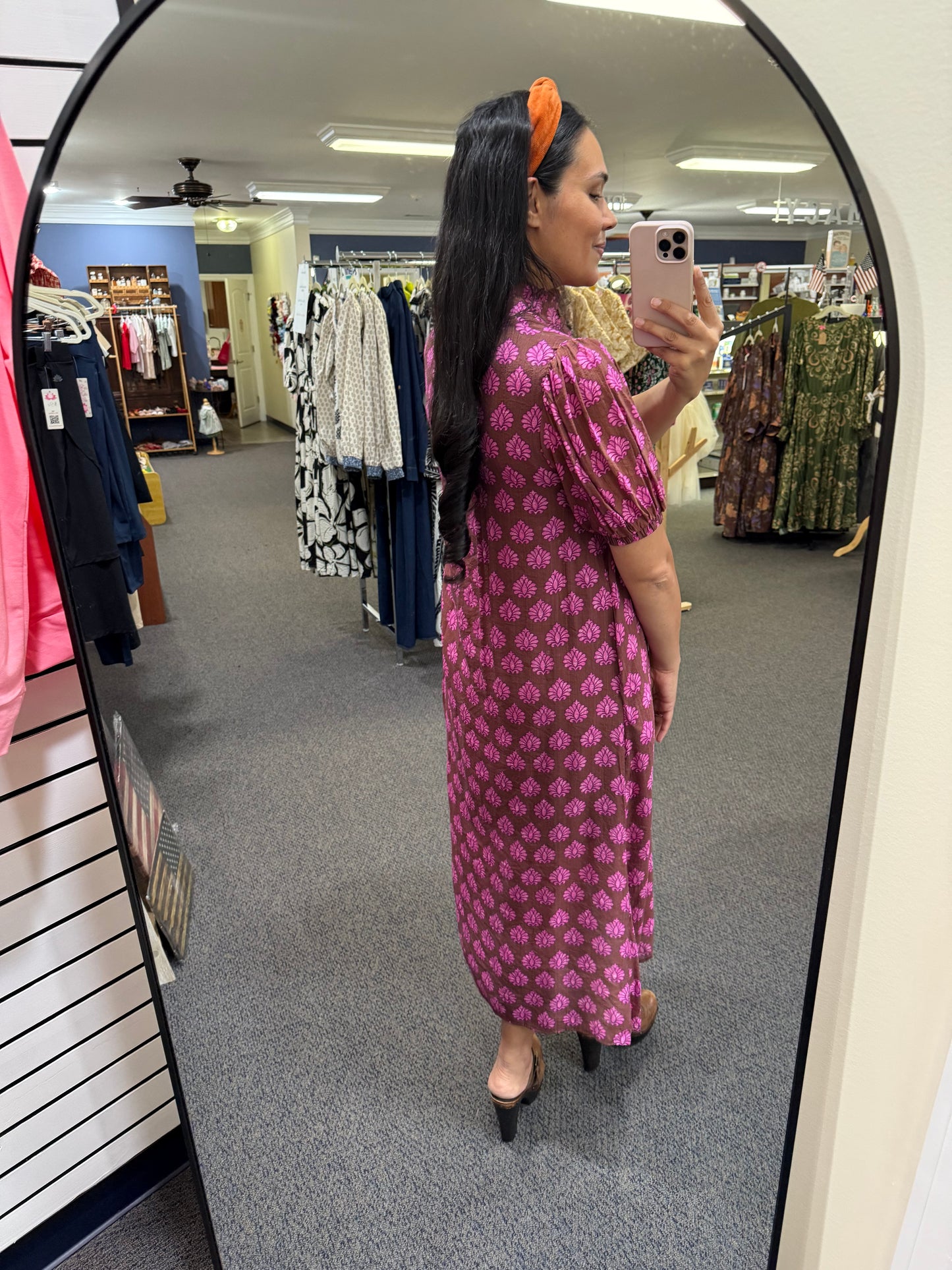 Brown Mix Midi Dress with Purplish-Pink Designs